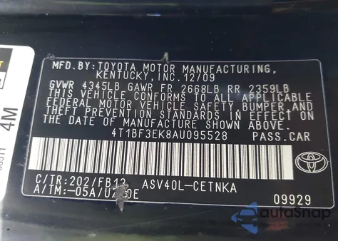 2010 Toyota Camry Le from USA, damaged, VIN 4T1BF3EK8AU095528